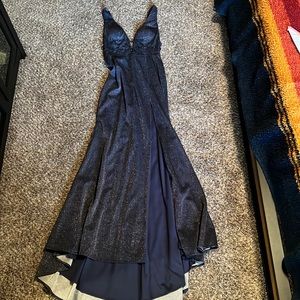 Sparkle navy blue cocktail dress with beads and train